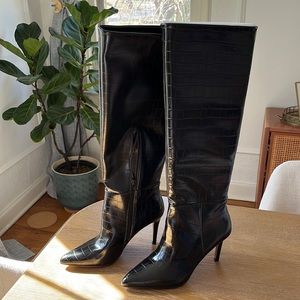 Steven New York knee high black heel faux snake skin boots